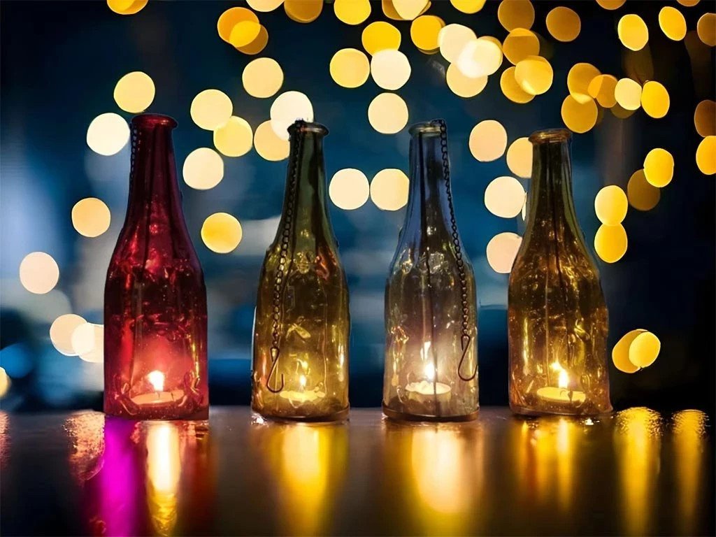 704Z - Porta Velas Botella Vs. 5Colores 22 cm.