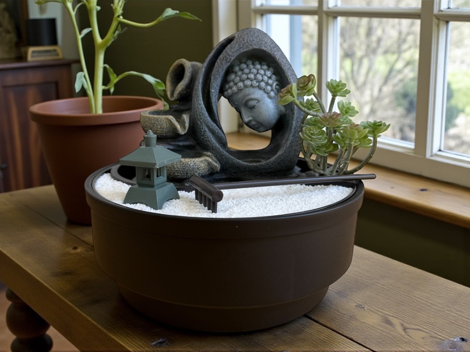 792J - Fuente rostro de Buda + planta 21.5cm