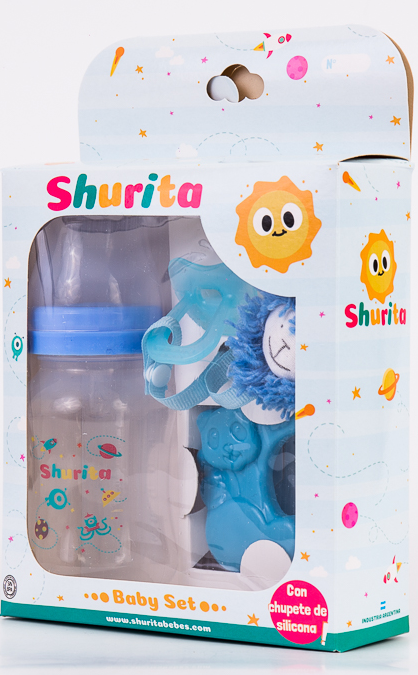 315 - Baby Set Deluxe en caja: Mamadera boca ancha, chupete todo silicona, mordillo refrigerante y portachupete con peluche